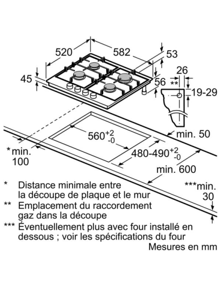 4 feux gaz - Allumage 1 main - Commandes frontales - Grilles fonte - Inox - BOSCH
