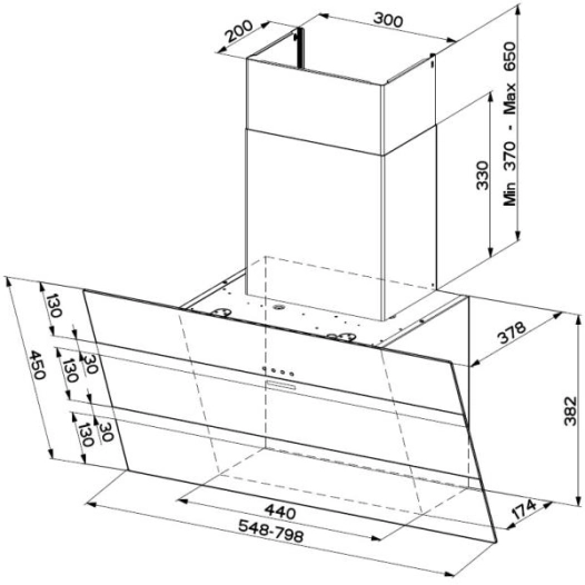 730 m3-Cdes sens.-Ecl. LED-L 80 cm-STEEL MAX 800-Inclinée-Inox et verre blanc - FABER