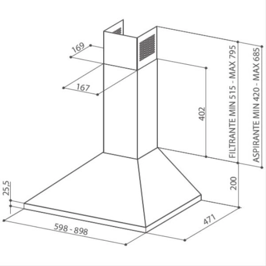 370 m3 - Cdes élect. - 3 vit - Filtres métal - Eclairage LED - L 90 cm - VALIA 900 - Trapèze - Inox - FABER