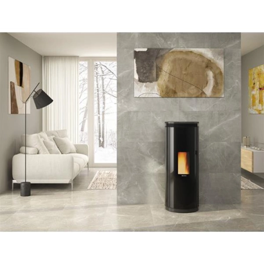 8 kW - Granulés - Trémie 15 kg - Porte fonte - RT2012 - Tlcde - Acier peint noir + top faïence - NORDICA EXTRAFLAME