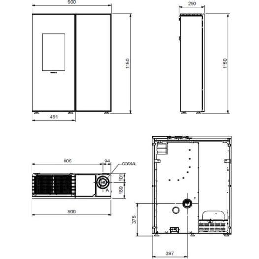 10 kW - Granulés - Trémie 21 kg - Canalisable - RT2012 - Conduit coaxial - Tlcde - Verre fumé + Pierre - NORDICA EXTRAFLAME