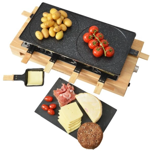 RACLETTE GRIL 8P 1500W PLAQUE ANTIADHESIVE GRIL ET CREPES 2 POELONS DOUBLE FINITION BOIS - KITCHENCHEF