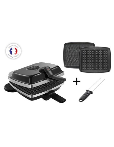 Super 2 antiadhésif-1000 W-Plaques gaufres et gaufrettes anti-adhésives-Charnière alu-Noir - LAGRANGE