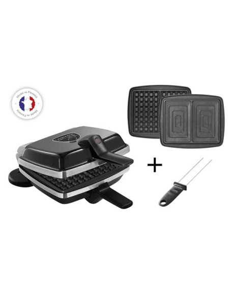 Super 2 antiadhésif-1000 W-Plaques amovibles gaufre et croque-monsieur-Charnière alu-Noir - LAGRANGE