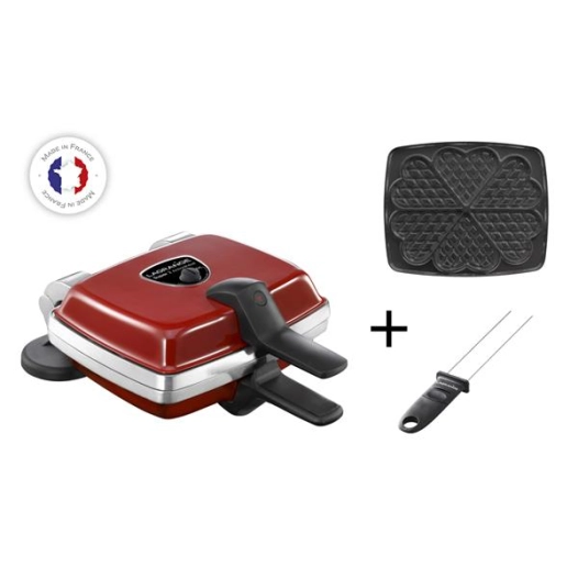 Super 2 antiadhésif-1000 W-Plaques amovibles 6 gaufres coeur-Charnière alu-Rouge - LAGRANGE