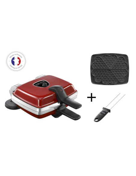 Super 2 antiadhésif-1000 W-Plaques amovibles 6 gaufres coeur-Charnière alu-Rouge - LAGRANGE