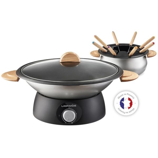 Wok + Fondue Compact-900 W-Couvercle verre-Cuve anti-adhésive-8 fourchettes-Silver - LAGRANGE