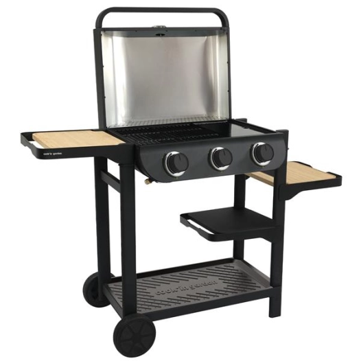 BARBECUE GAZ FLAVO 60CM THERMOMETRE 3BRULEURS CAPOT DOUBLE PAROIS TABLETTE MODULABLE SUR CHARIOT - COOK IN GARDEN