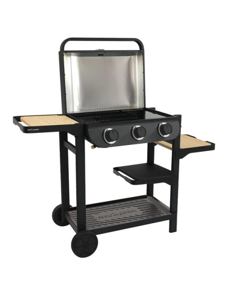 BARBECUE GAZ FLAVO 60CM THERMOMETRE 3BRULEURS CAPOT DOUBLE PAROIS TABLETTE MODULABLE SUR CHARIOT - COOK IN GARDEN