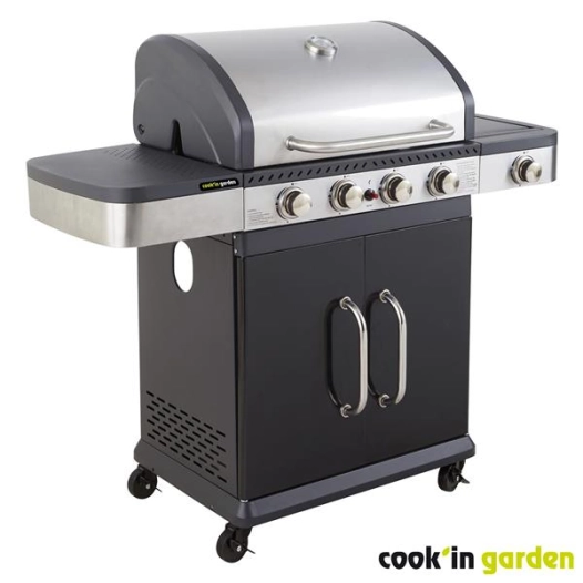 Barbecue gaz FIDGI 4 - 14,5 KW - 2 grilles + plancha - Réchaud latéral - Inox noir - COOK IN GARDEN