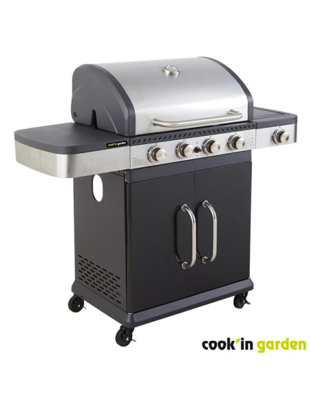 Barbecue gaz FIDGI 4 - 14,5 KW - 2 grilles + plancha - Réchaud latéral - Inox noir - COOK IN GARDEN