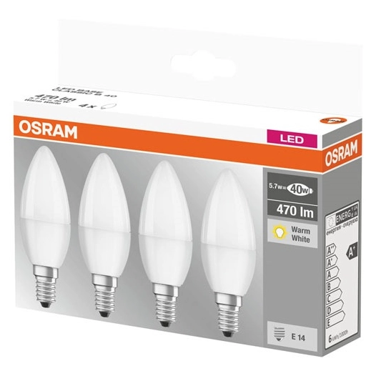 led flamme dépolie avec radiateur 5.7w40w e14 chaud x 4 - osram
