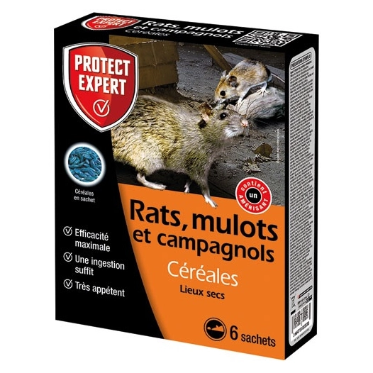 appât rats mulots et campagnols céréales sachets 6x25gr - protect expert