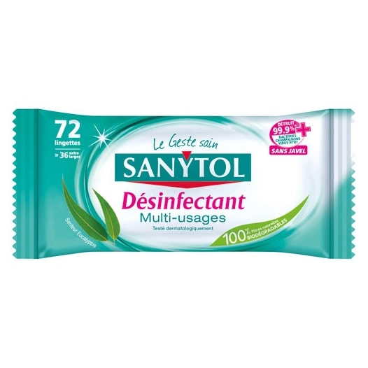 72 lingettes désinfectantes nettoyantes multi-usages - sanytol