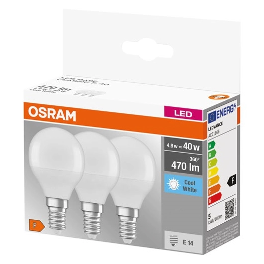 led sphere dépolie avec radiateur e14 4.9w froid boite de 3 - osram