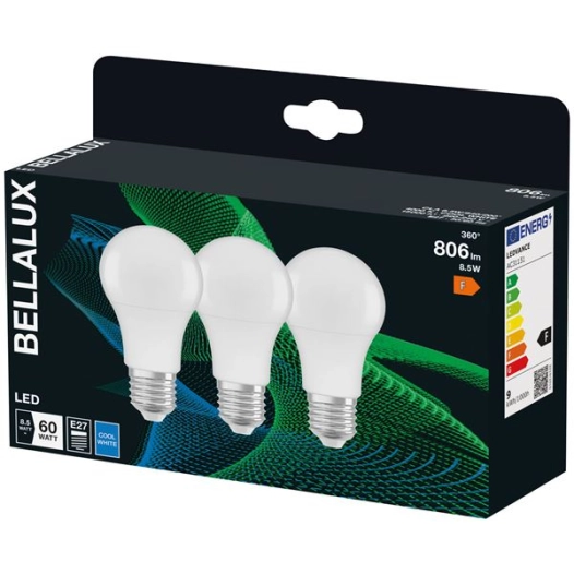 bellalux led radiat.dépoli std e27 8.5w froid 806lm bte x3 - bellalux