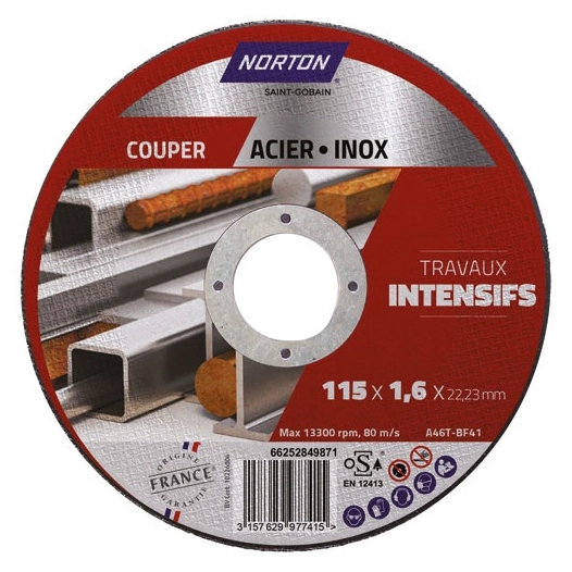 disque à tronçonner fin plat intensif métal 115x1.6x22.2 - norton