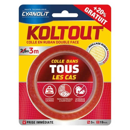 koltout express adhésif 2.5 m x 19 mm + 20 % gratuit - cyanolit