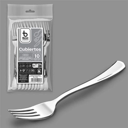 fourchette réutilisable 18,5 cm, argent. 10 unités