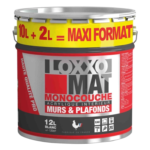 peinture acrylique mate monocouche murs & plafonds blanc 12 l - loxxo