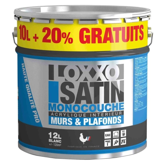 peinture acrylique satin monocouche murs & plafonds blanc 12 l - loxxo