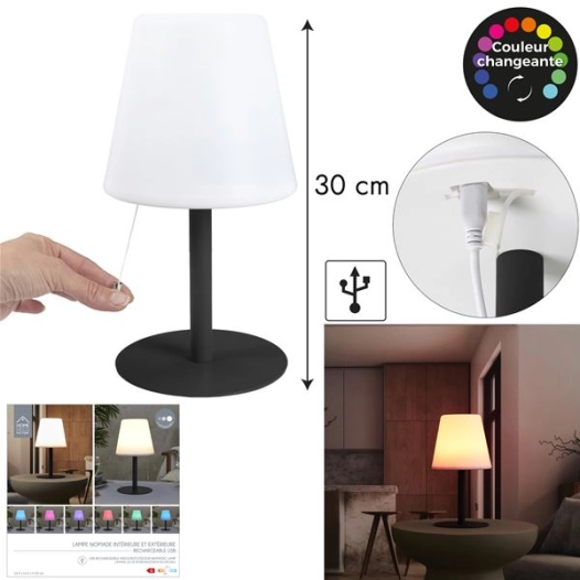 lampe de table gris rechargeable ip44 h30cm m6 - home deco factory