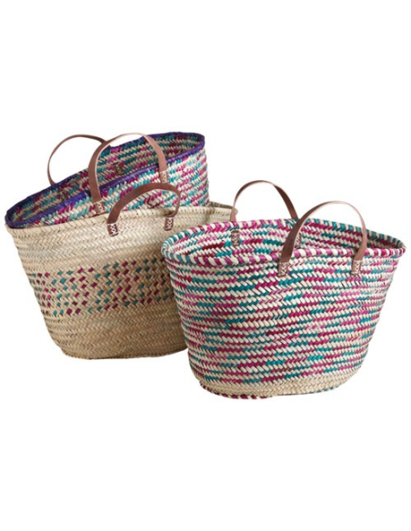 Couffin Palmier Aubry Gaspard Tressage naturel, poignées cuir, motifs variés - aubry gaspard