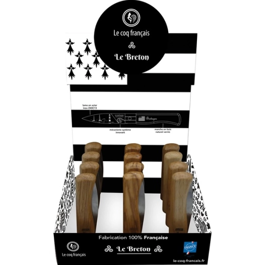 présentoir 12 couteaux de poche à virole chêne - le coq le breton - le coq français