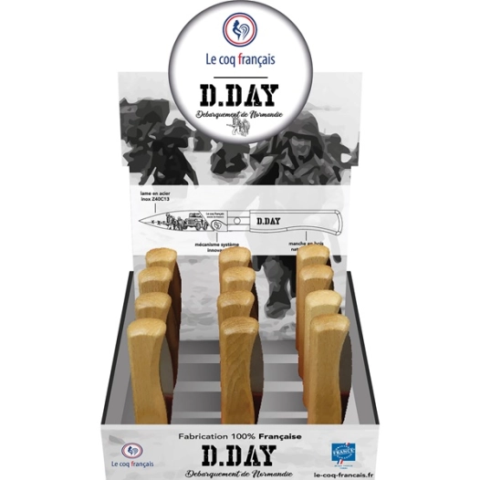 présentoir 12 couteaux de poche à virole chêne - le coq d-day - le coq français