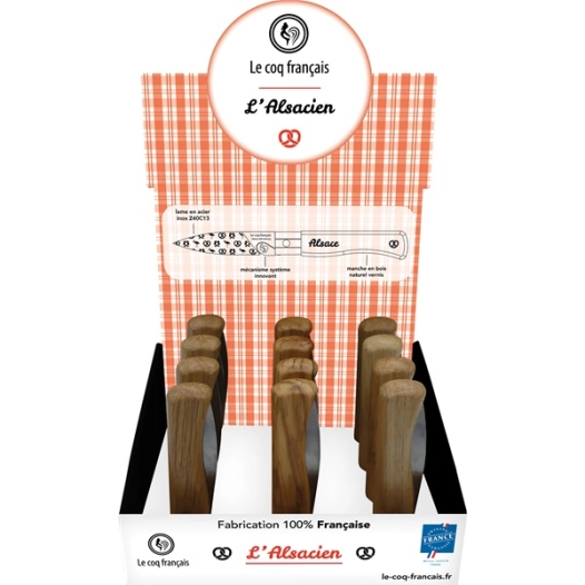 présentoir 12 couteaux de poche à virole chêne - le coq l'alsacien - le coq français