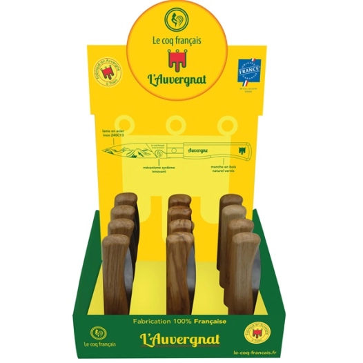 présentoir 12 couteaux de poche à virole chêne - le coq l'auvergnat - le coq français