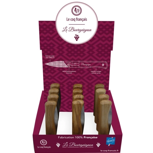 présentoir 12 couteaux de poche à virole chêne - le coq le bourguignon - le coq français