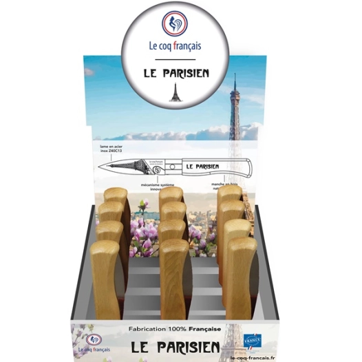 présentoir 12 couteaux de poche à virole chêne - le coq le parisien - le coq français