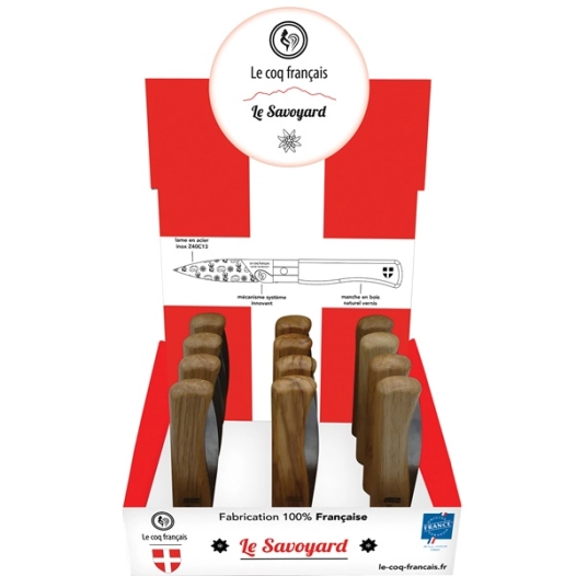 présentoir 12 couteaux de poche à virole chêne - le coq le savoyard - le coq français