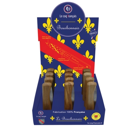 présentoir 12 couteaux de poche à virole chêne - le coq le bourbonnais - le coq français