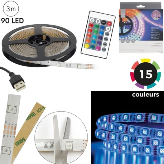 ruban rgb 90 led 3m telecommande m12 - home deco factory