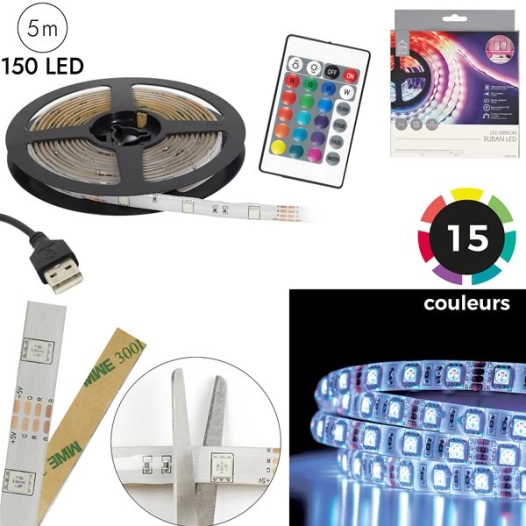 ruban rgb 150 led 5m telecommande m12 - home deco factory