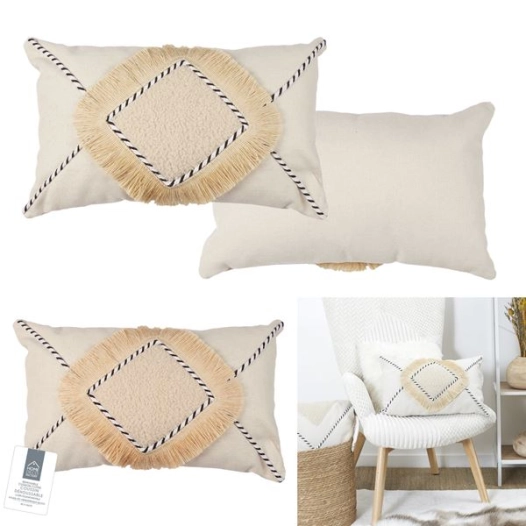 coussin beige et blanc a franges 30x50cm m8 - home deco factory