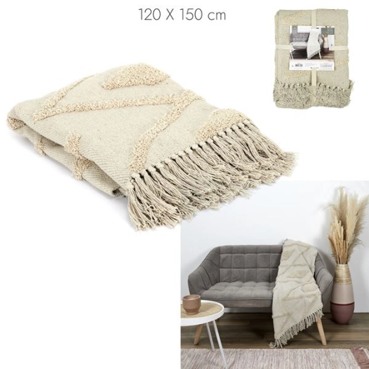 plaid jeté éthnique écru tufte 120x150cm m8 - home deco factory