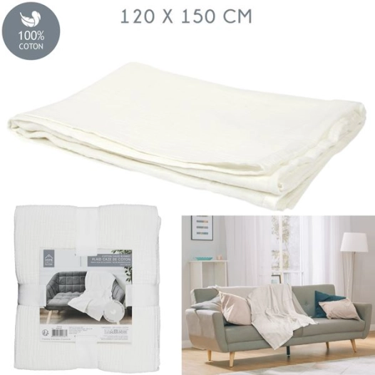 plaid jeté gaze de coton blanc craie 120x150cm m6 - home deco factory