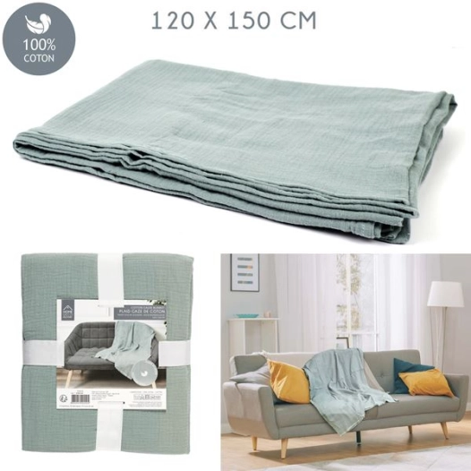 plaid jeté gaze de coton vert givre 120x150cm m6 - home deco factory