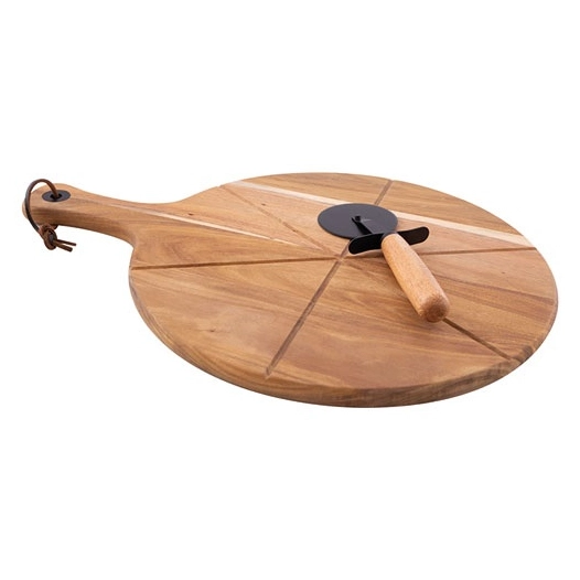 roulette à pizza + planche à découper ronde 32.5 cm en acacia - point virgule