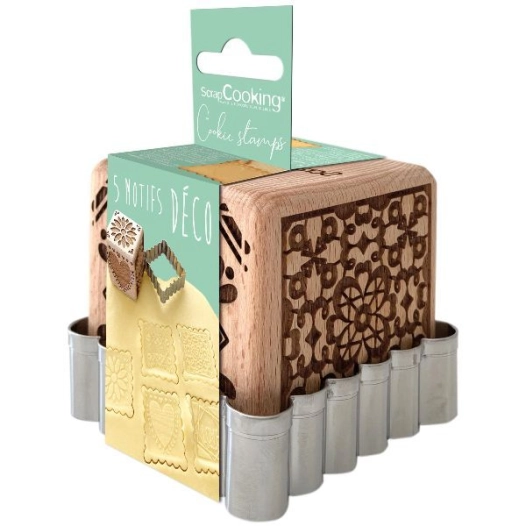tampon à biscuits bois 5 décors + découpoir - déco - scrapcooking