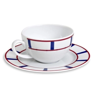 6 tasse à thé 22 cl bleu et rouge - porcelaine basque - evrard