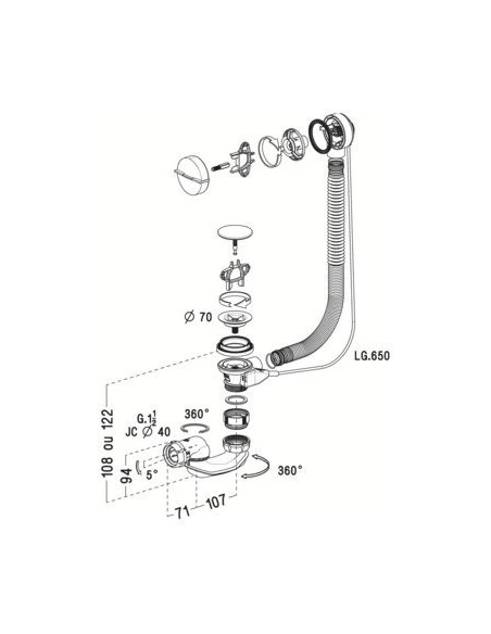 Vidage de baignoire à cable TBR07 nicoll lg 650mm