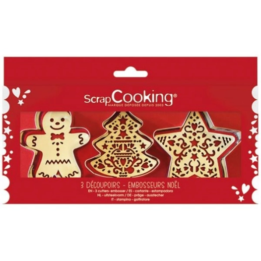 coffret 3 découpoirs + embosseurs bois - noël - scrapcooking