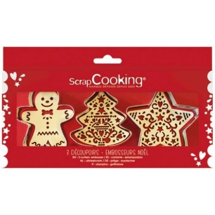 coffret 3 découpoirs + embosseurs bois - noël - scrapcooking