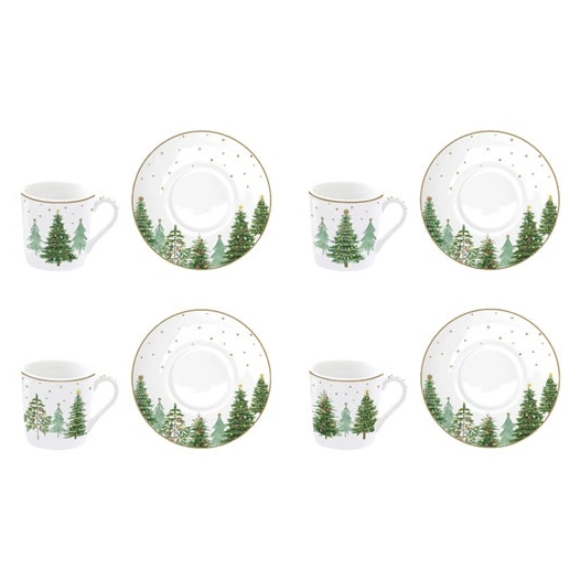 coffret 4 tasses à café 10 cl + sous-tasses - festive trees - easy life