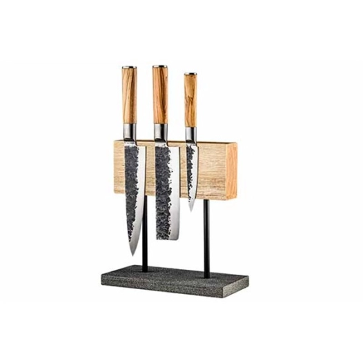4 porte-couteau en chene - magnétique - avec soccle en pierre naturelle - forged