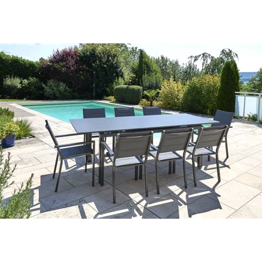 table de jardin allongeable en aluminium anthracite + plateau verre texturé - jardiline